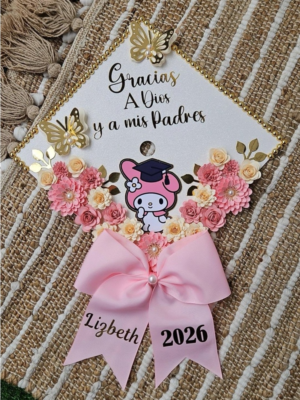 Personalized Kids Graduation Cap Decor - Pink Floral Bow